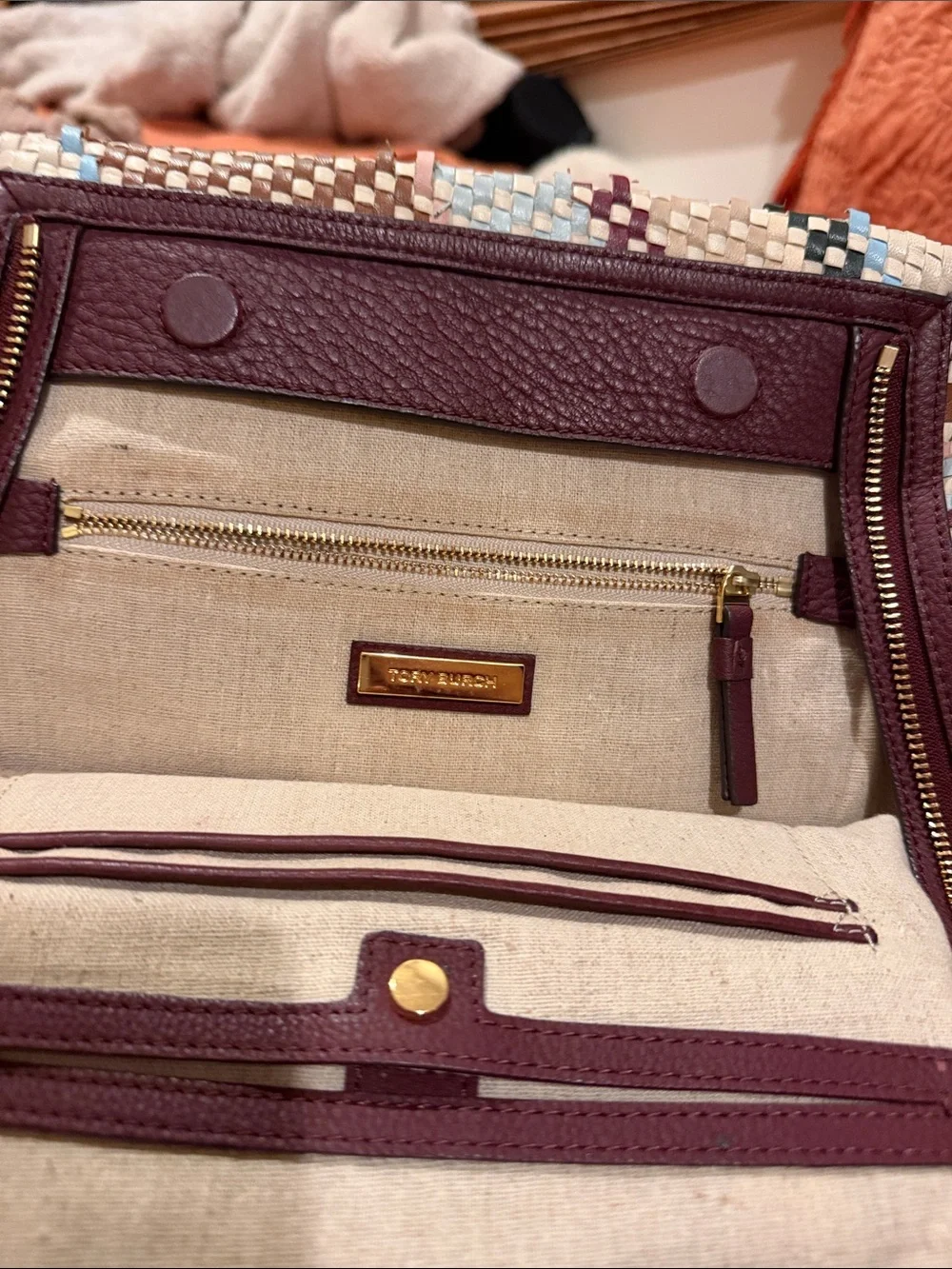 Tory Burch Cream Woven Tote with Burgundy Flap and Multicolor Stripe Accents